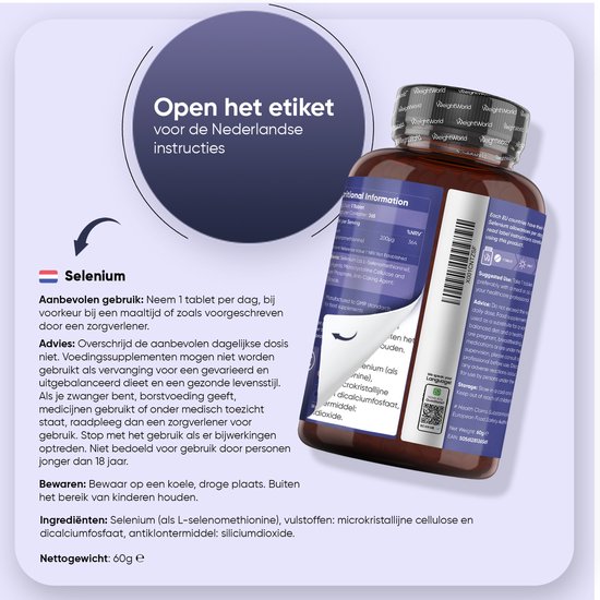 Pot seleniumpillen met etiket met Nederlandse gebruiksaanwijzing.