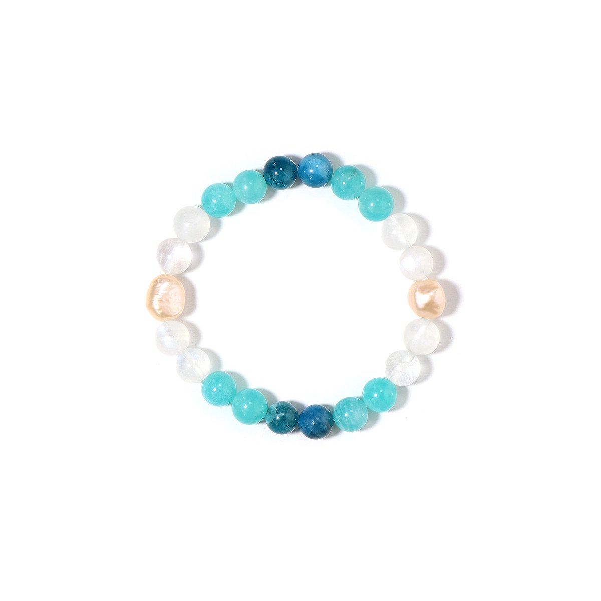 Cavill - Elastische Armband met Perzik Zoetwaterkweekparels & Amazoniet - Neonblauwe Apatiet & Regenboogmaansteen - 66,66 ct - Elegante Dames 18 cm
