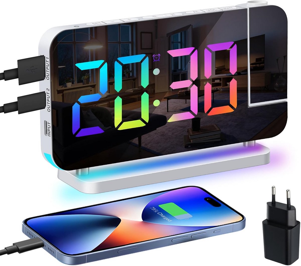 Digitale Wekker met 180° Projectie, Nachtkastwekker met Telefoonoplader en RGB Lichtinstellingen