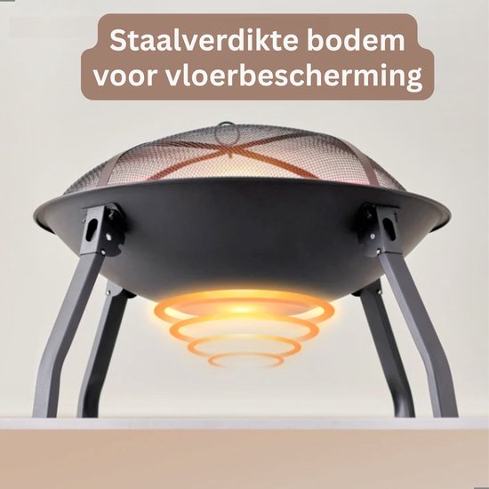 Detail van de vuurschaal met stalen bodem voor vloerbescherming.