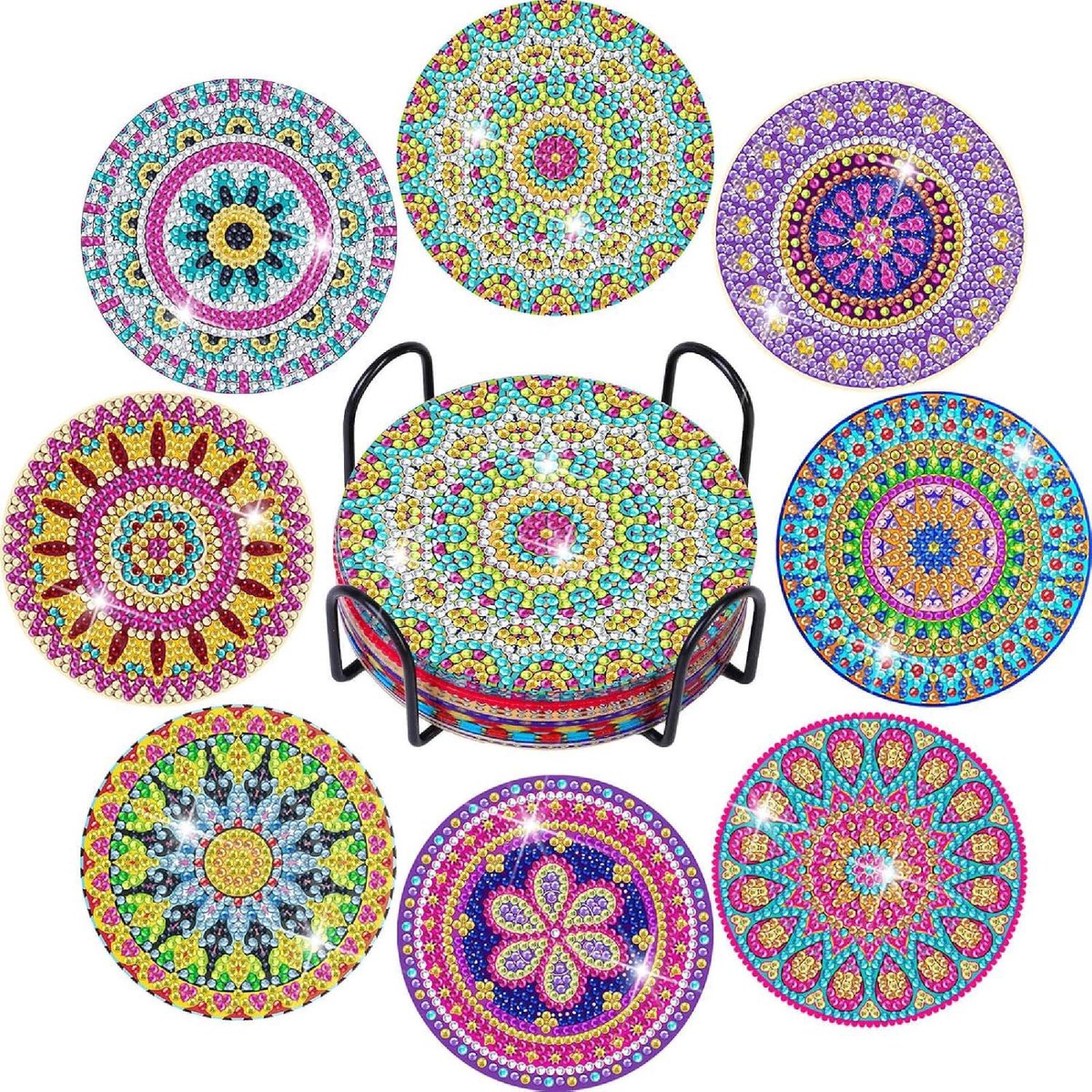 VDTOYS® DIAMOND PAINTING voor volwassenen - mandala - Onderzetters - Coasters - Onderleggers - Ronde steentjes - 8 stuks - Compleet Hobbypakket - set AG 881 MANDALA 1
