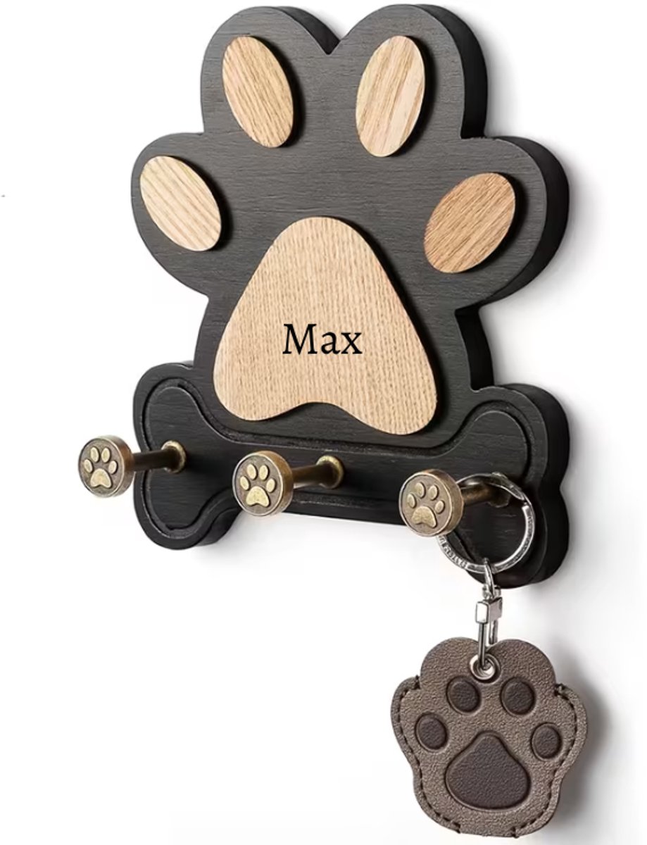 Luxe Rustiek Houten Wandhaak Hond | Gepersonaliseerde Riemhanger Hond | Zwart | Wandhaak graveren | Wandhaak Hondenpoot | Wandhaak Pootafdruk | Houten Wandhaak Riemhanger inclusief naam Graveren | Petshop Seven