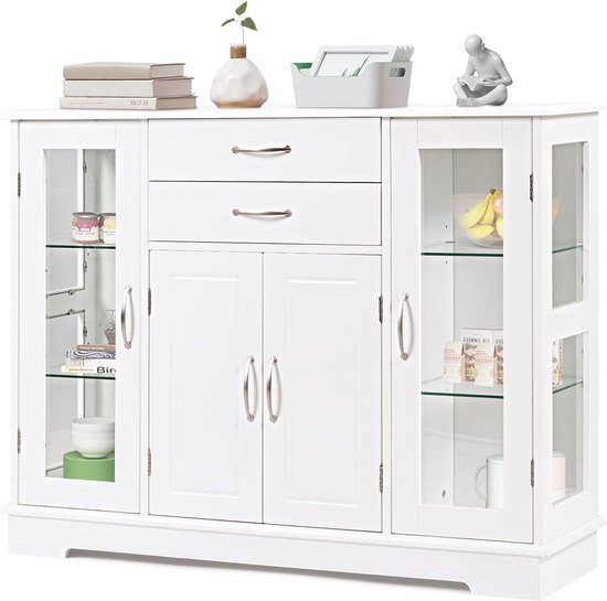 HOCSOK White sideboard, kitchen cabinet with 2 drawers, chest of drawers, storage cabinet, with adjustable shelves, wood, 82 x 40 x 91 cm