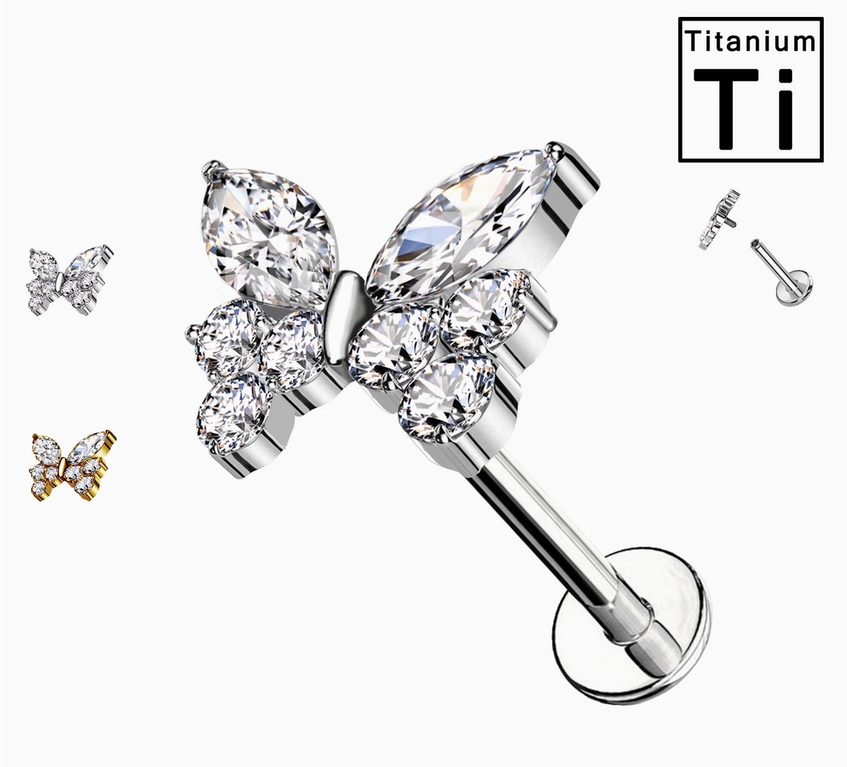 Maevi® Labret Vlinder / Butterfly Piercing - Kleur: Zilver - Titanium - Incl Luxe Verpakking - Hoge Kwaliteit - Tragus / Kraakbeen / Helix / Conch - Oorpiercing - Piercing Sieraad - Hoge Kwaliteit - Labret Piercing - Luxe Sieraad - Oorbellen