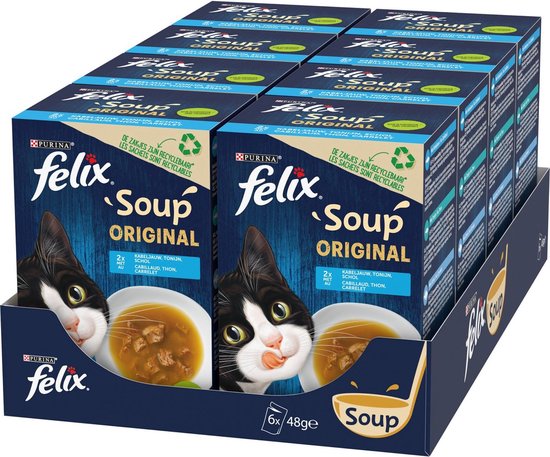 Felix Soup Original: kattenvoer met 2x Kabeljauw, Tonijn, Schol. Zakjes zijn recyclebaar. 6x 48g.