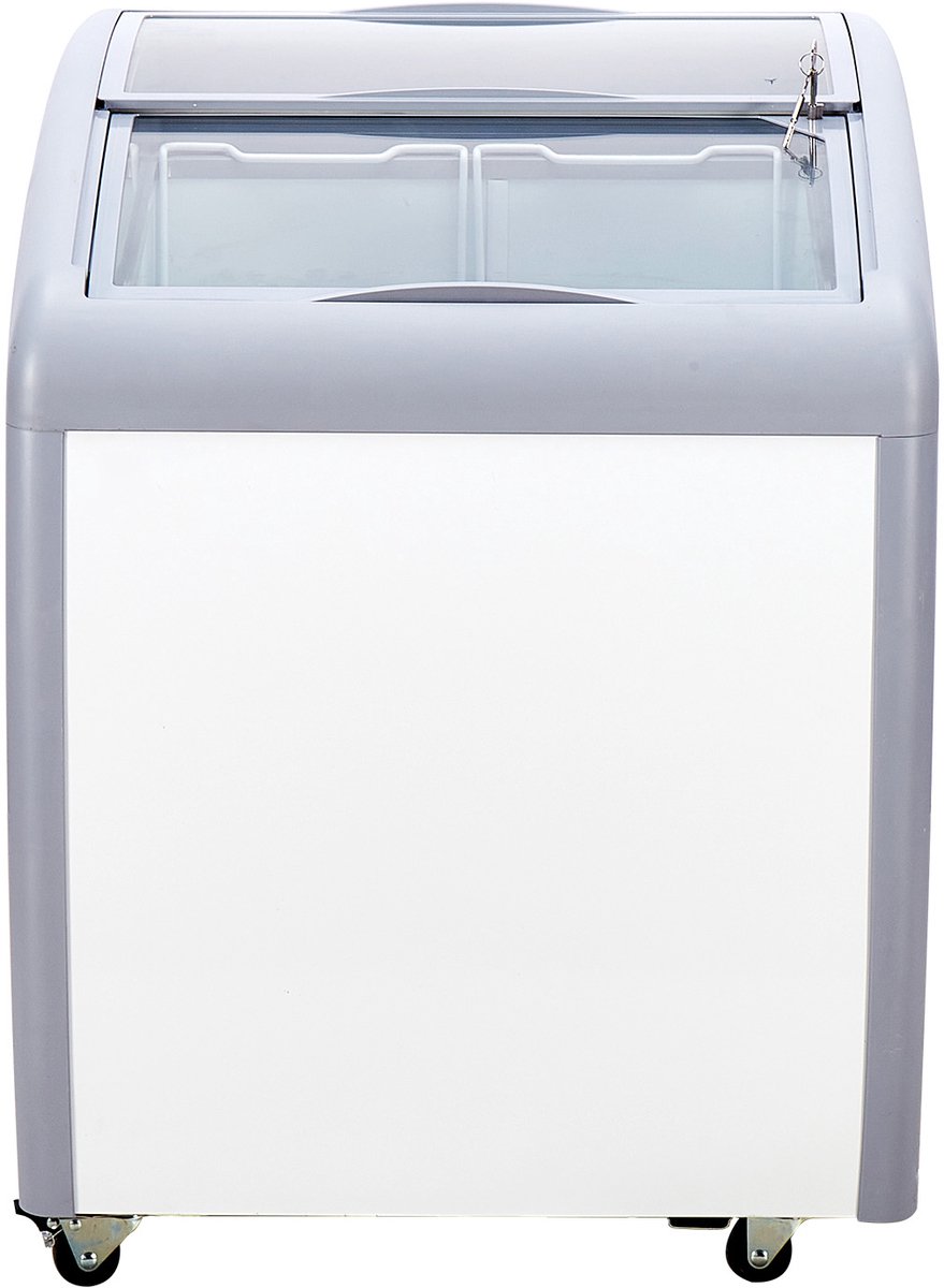 Commerciële Ijsvitrine 665 X 705 X 875 mm Mobiele Vriezer van 154 L met Glazen Bovenblad, 2 metalen Manden, 2 Glazen Schuifdeuren En Vergrendelbare Wielen, Wit