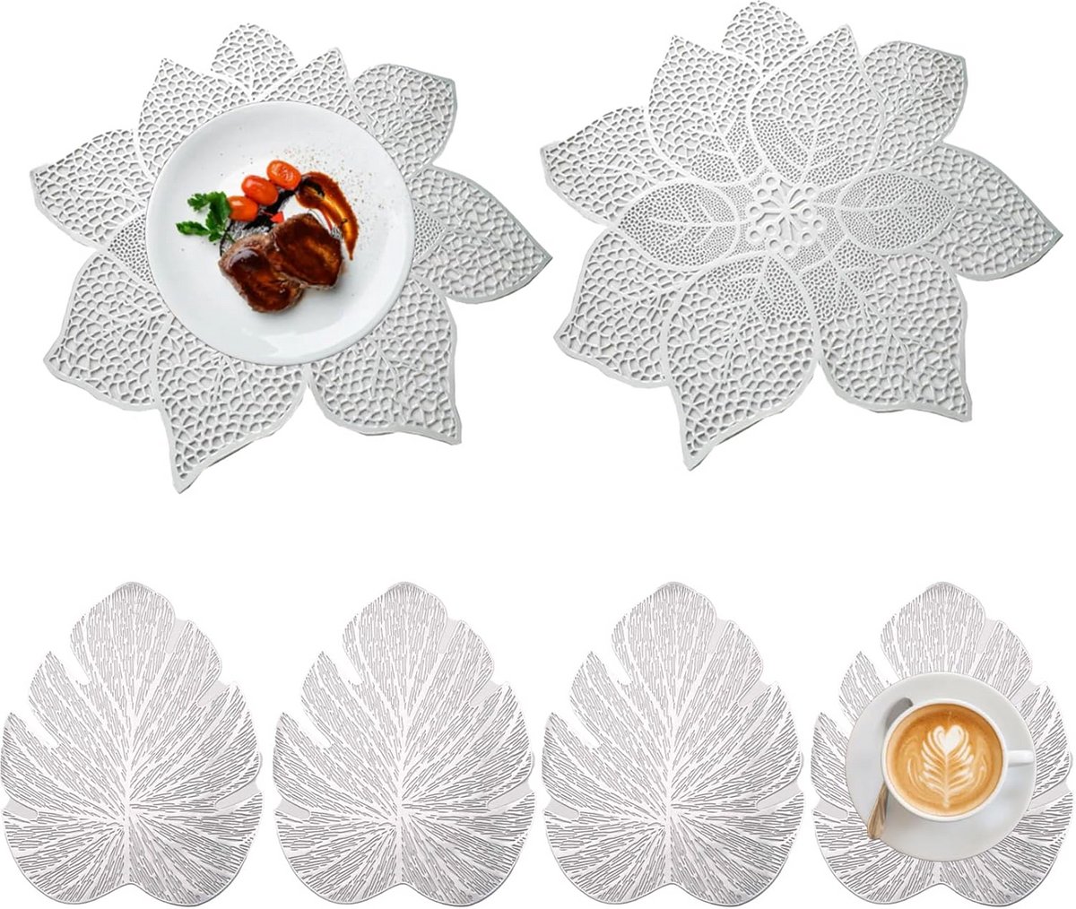 Set van 6 Ronde Tafelplacemats en Onderzetters Decoratief Antislip Zilver