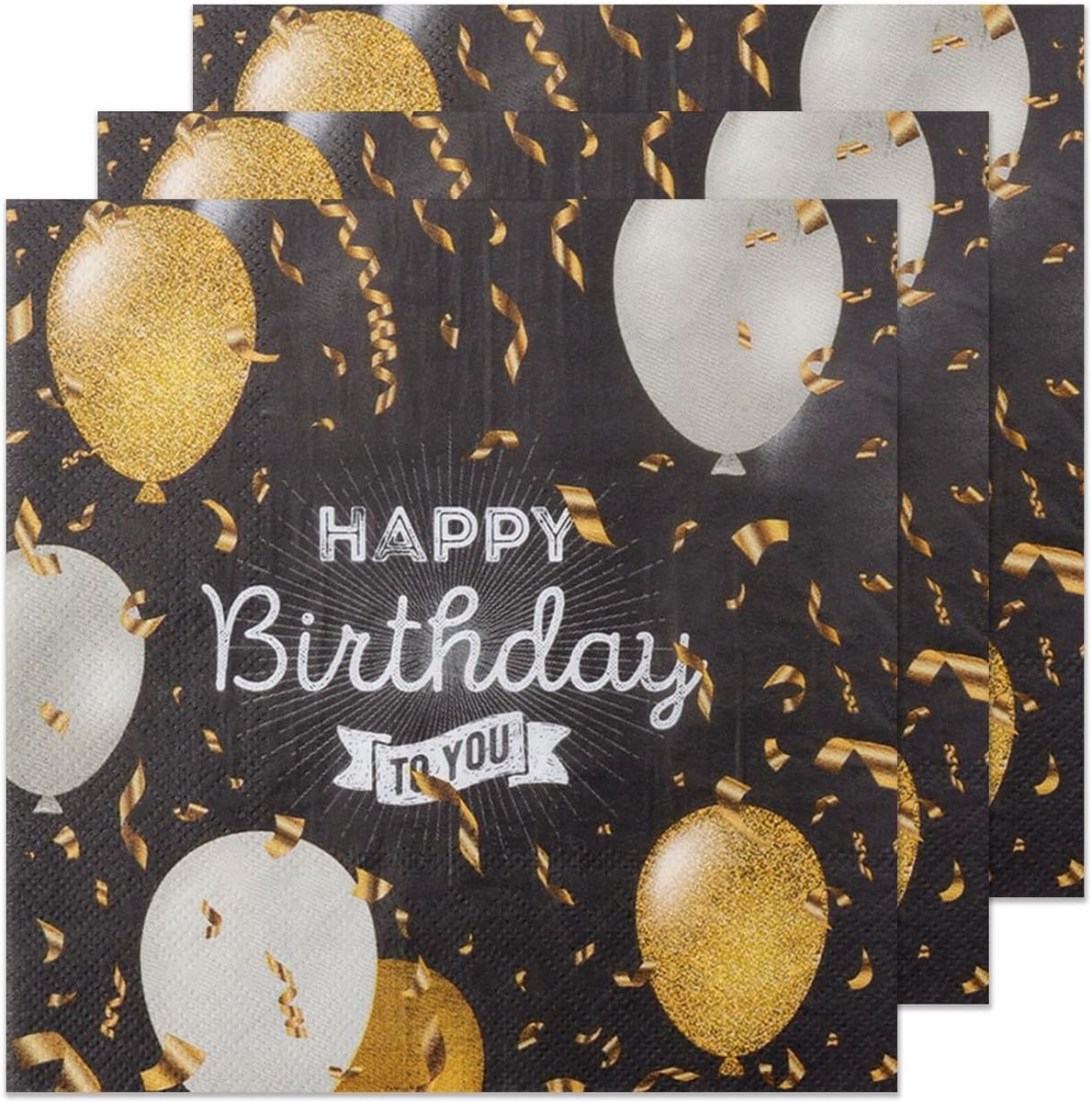 80x Zwarte en Gouden Servetten 'Happy Birthday' voor Feest - 33x33 cm