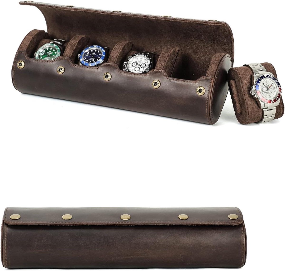 Horlogeopbergdoos - Horloge Travel Case - Lederen Opbergdoos - Schuifkussens - Draagbare Organizer voor 4 Horloges - Horloges - Horlogekoffer - Horloges Accessoire - Geschikt voor Horloges - Compact en Draagbaar Ontwerp.
