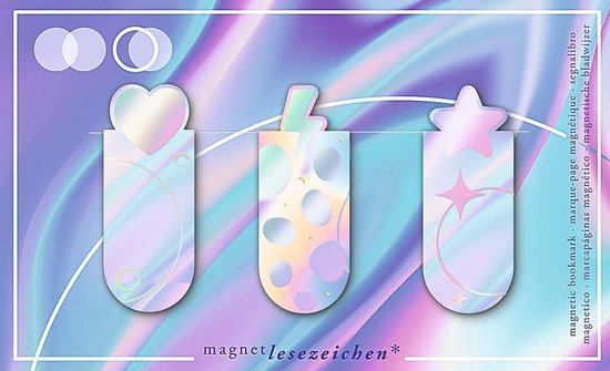 Drie magnetische boekenleggers met een iriserende, pastelkleurige afwerking. Vormen: hart, glas en ster.
