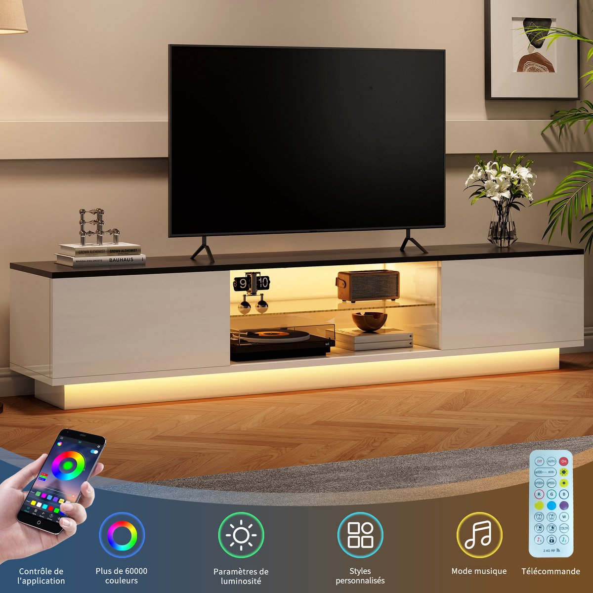 Modern tv-meubel met ledverlichting en ruime opbergruimte, woonkamermeubel in zwart-wit, 160 cm breed, geschikt voor tv's van 32-65 inch