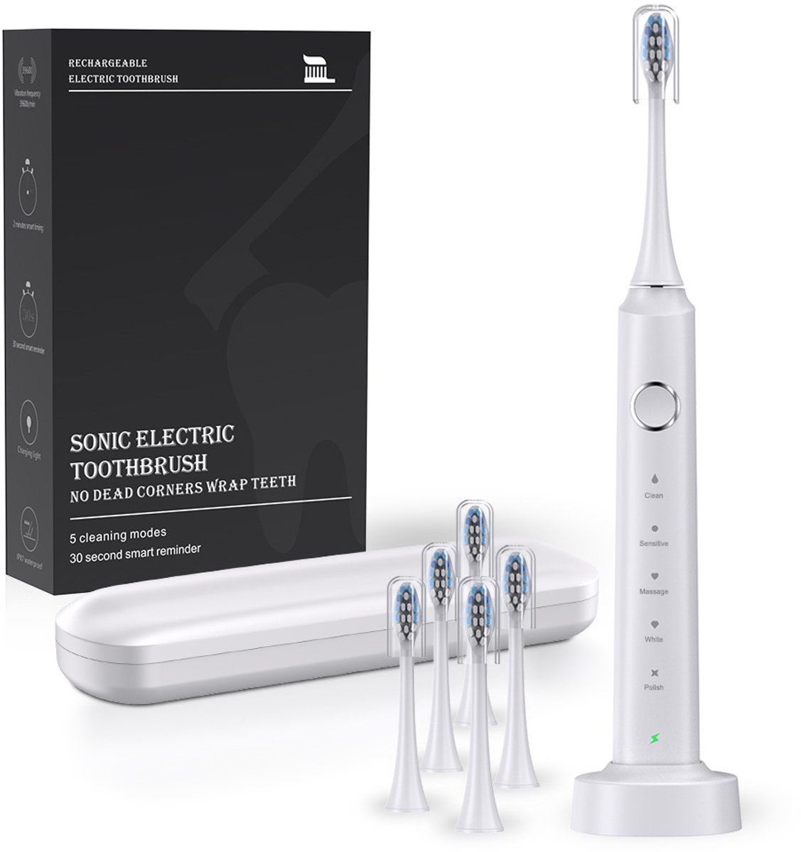 Elektrische tandenborstel - Ondersteunt 5 poetsstanden - Timer van 30 seconden - Oplaadbaar - Set elektrische tandenborstels - Cadeau voor de feestdagen - Wit