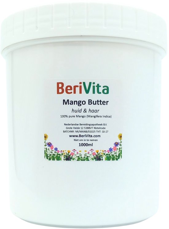 Witte pot met etiket van BeriVita Mango Butter huid & haar, met bloemen en website.