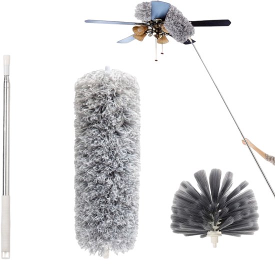 3-delige set - Stofdoek - Webborstel - Telescopische steel - Stofdoek met lange steel - Stofverwijderingsgereedschap - Schoonmaakgereedschap - Telescopisch - Wasbaar - Geschikt voor het reinigen van huis, auto, meubels en web - Grijs