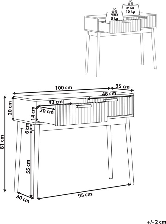 Technische tekening van een lichthouten consoletafel met afmetingen.