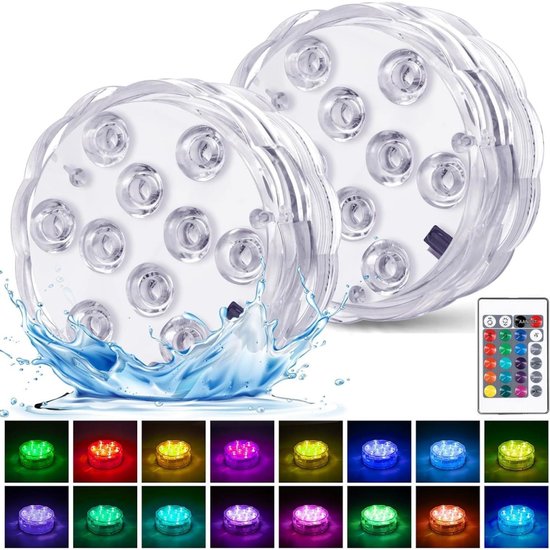 Twee transparante onderwater LED-lampen met veelkleurige verlichting en een afstandsbediening, in water met een spat.