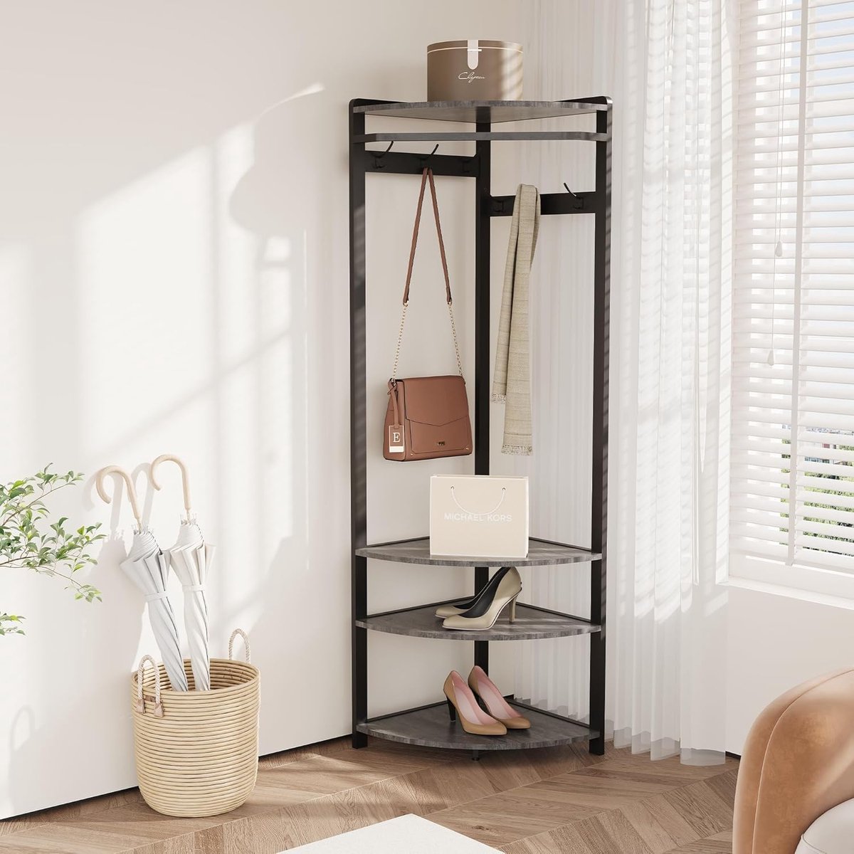 180 cm Metalen hoekkapstok 3-in-1 - Kapstok met 6 dubbele haken - kledingroede - schoenenrek & bovenplank - industrieel design - ruimtebesparend voor hal en gang - Grijs