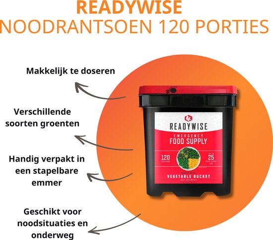 Zwarte emmer met rood label voor ReadyWise Noodrantsoen 120 porties, met tekst over verschillende groenten en houdbaarheid.