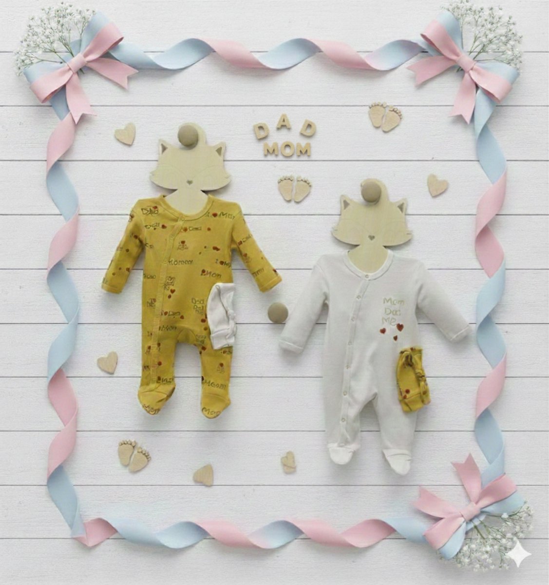 Mom dad me unisex 2 pyjama’s en 2 mutsen - Babykleding - Babyshower - Kraamcadeau