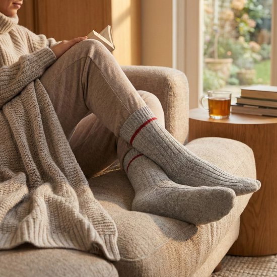 Vrouw met een beige gebreide outfit en grijze sokken met rode streep leest een boek.