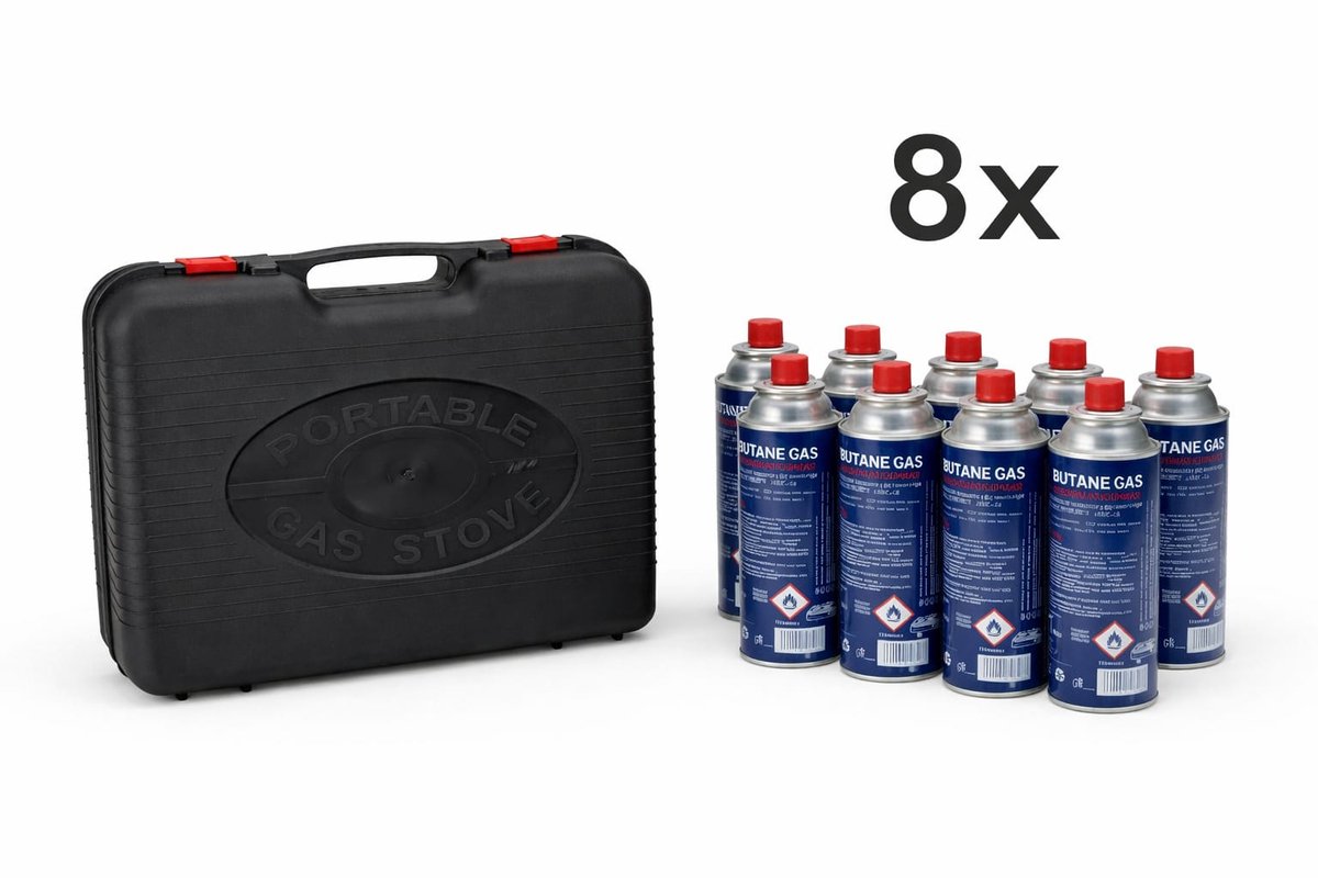 Draagbaar Gasstel met Koffer – Camping Kooktoestel. Camping Gasbrander Set met Opbergkoffer en 8x Butaangas patronen. Portable Gas Stove met Koffer + 8 Butaangasbusjes. Compleet met 8 Gaspatronen. Gas Kooktoestel voor Camping & Outdoor.Noodpakket. — cadeau in Sport & Outdoor - foto 5