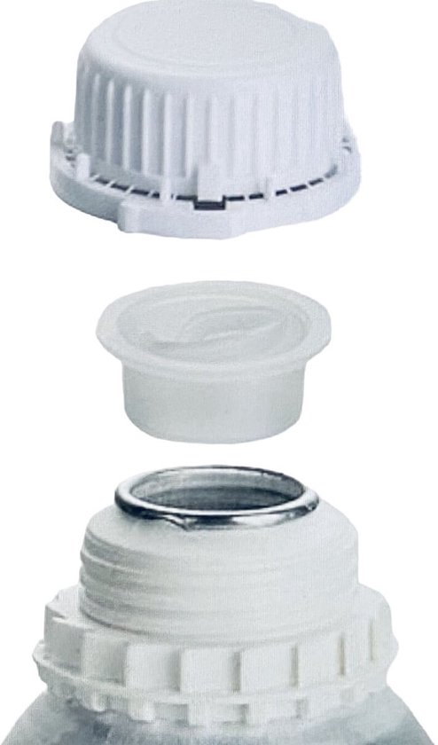 Witte plastic dop met ribbels, een losse verzegeling en een metalen ring