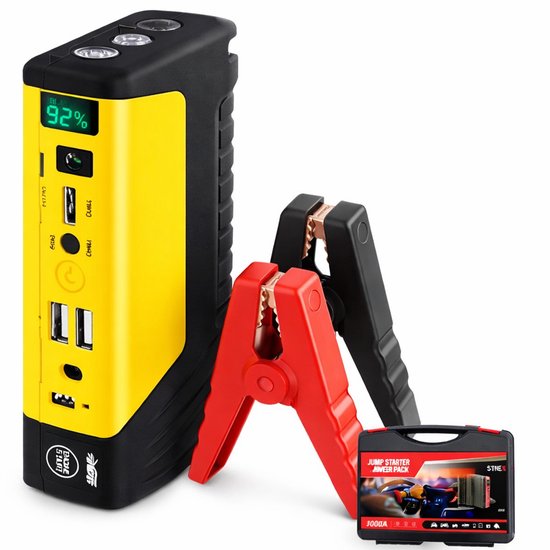 Golermo® Démarreur de Jump et batterie externe 12 800 mAh | 12 V 400 A Peak | Pour voiture, moto et bateau | Lampe de poche LED + marteau de sécurité