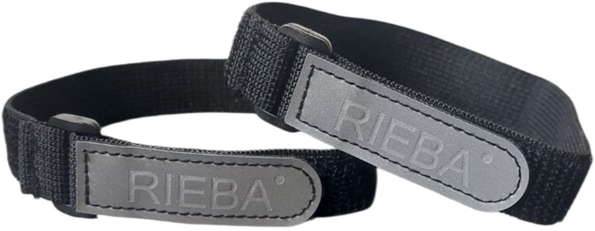 Rieba® Elastische Broekklemmen met Reflectie - Reflecterend Logo - Broekklem voor op de Fiets - Extra Veiligheid - Set van 2 Bandjes - Met Klittenband - 38cm lang - Zwart