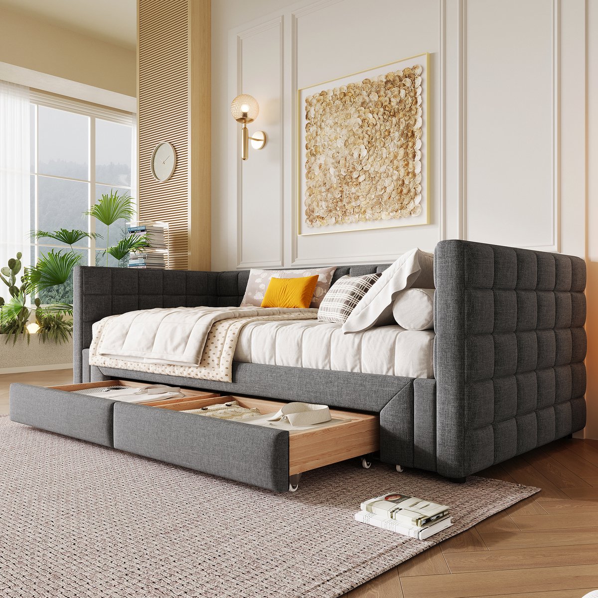 OKWISH Gestoffeerd Daybed 90x200cm - Uitrekbaar Tot 180x200cm - Met 2 Opbergladen - Voor Woonkamer En Logeergasten - Velours & MDF - Grijs - Zonder Matras