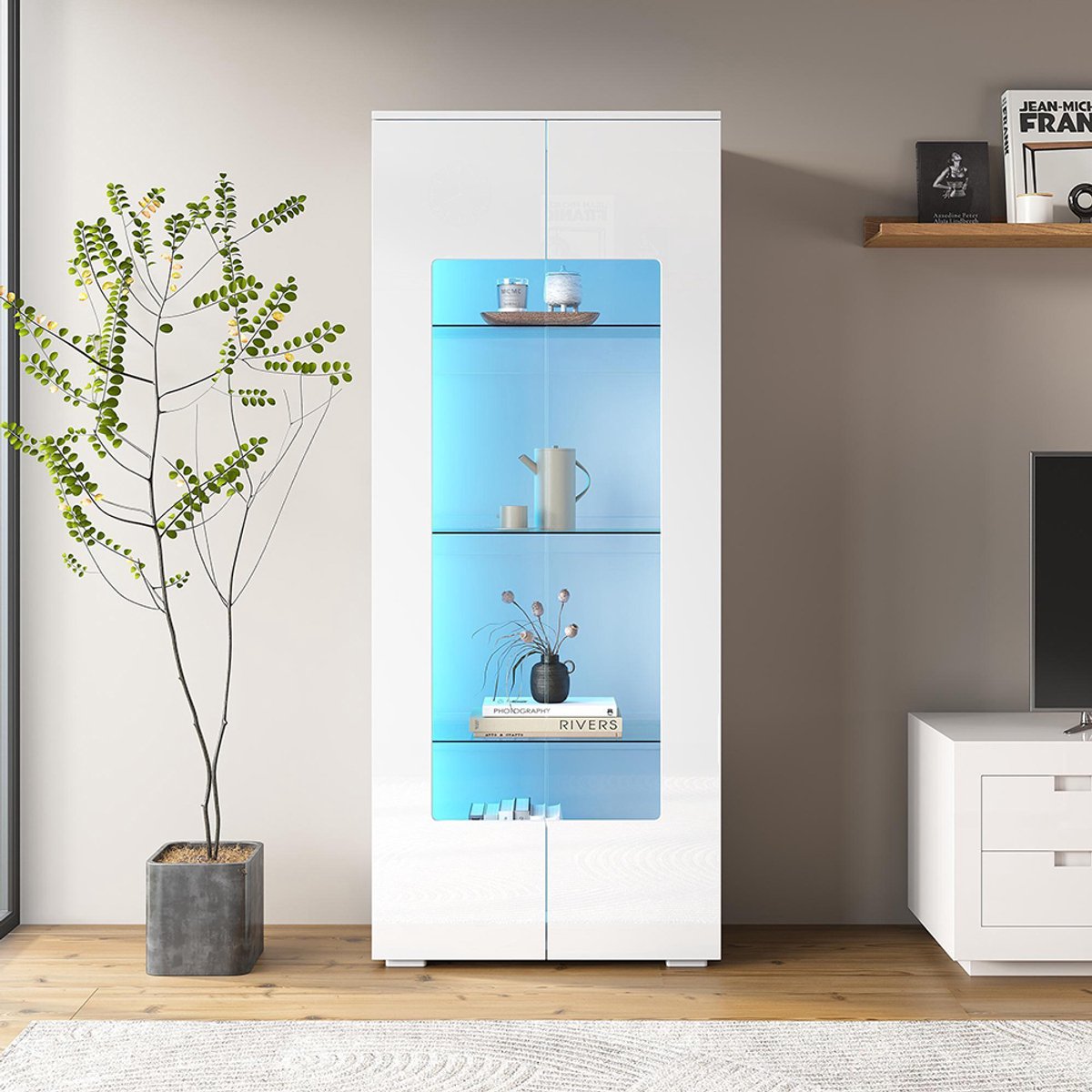 KOMHTOM Woonkamer vitrinekast 70*40*173 cm, vitrinekast met 2 acryl deuren, glanzende vitrinekast met LED-verlichtingsstrip, draagkast van gehard glas, brede woonkamer kast, hoge kast, MDF, wit