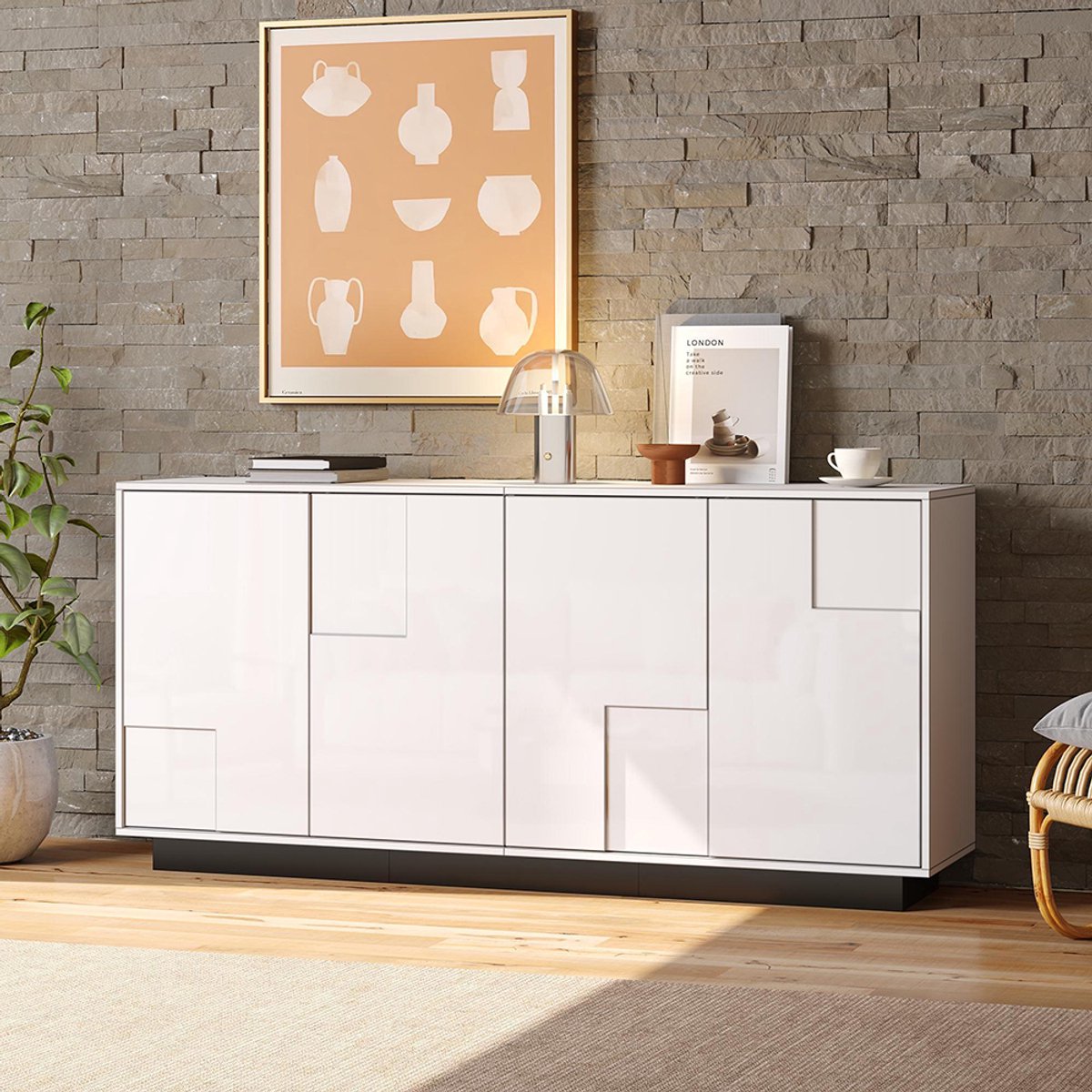 BLACKCOLORS Woonkamerbuffet, 160 x 37 x 75,5 cm, met 4 deuren. Glanzende kast, geometrisch vormgegeven laag meubel, ladekast met veel opbergruimte, kleuren wit en zwart, breedte 160