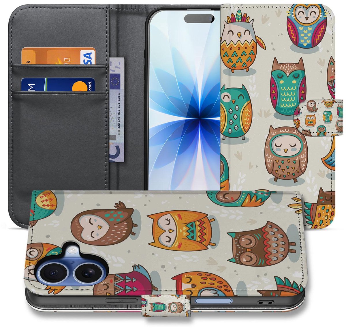 Book Case iPhone 17 Vrolijke Uilen Pasjeshoesje