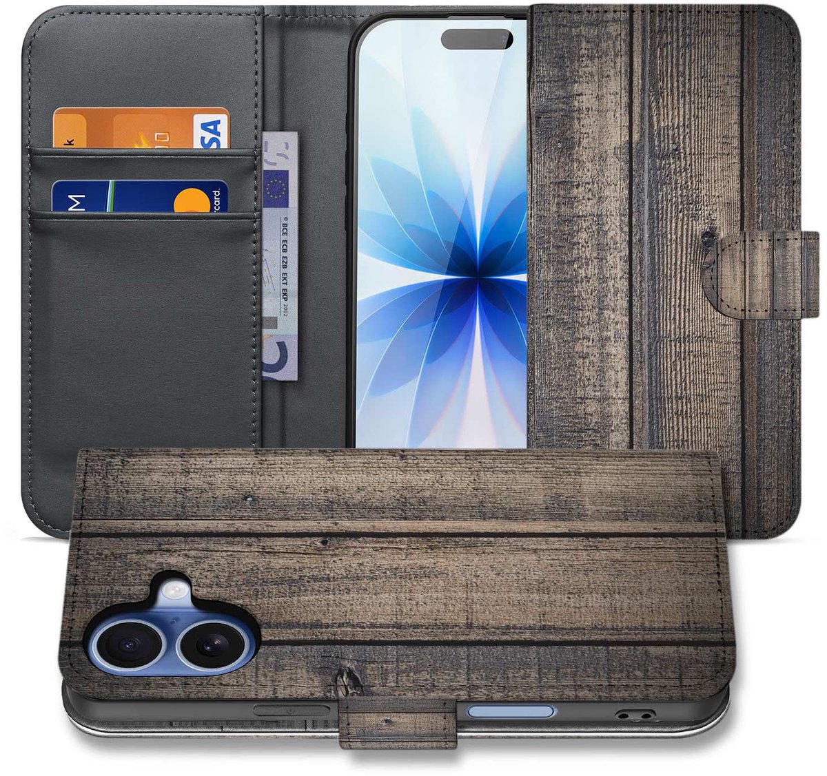 Apple iPhone 17 Bookstyle Hoes Steigerhout Design Met 3 Pasjes