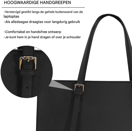 Zwarte werktas van PU-leer met verstevigde handvatten en gespen.
