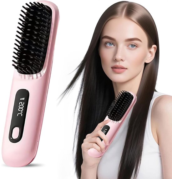 Rechtmakende kam, oplaadbare stijltang met LED-display, draadloos, draagbare mini-rechtmakende kam, ideale reisgenoot - roze