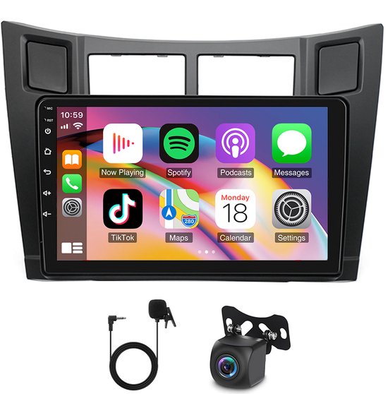 Autoradio - 9 inch met Android 15-systeem, compatibel met CarPlay, geschikt voor Toyota Yaris-modellen uit 2005-2011, 4+64 GB, ondersteunt RDS, Bluetooth, wifi, SWC en AHD-camera, voorzien van een externe microfoon