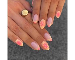 24 Piece Sticky Press On Nails - Short French Tip Oval Fake Nails met 3D Floral Ombre Design - Zomer Kunstnagels voor Vrouwen DIY Manicure