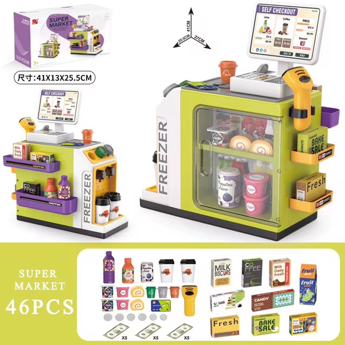OODBLUE Supermarkt Speelgoed Kassa – Interactieve Speelset met Scanner, Licht & Geluid – Inclusief Speelgeld & 46 Accessoires — afbeelding 4
