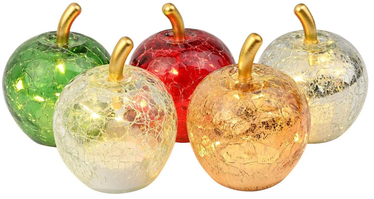 5 appels met 5 LED's van glas met timer transparant, zilver, goud, rood, groen, (B/H/D) 7x9x7cm
