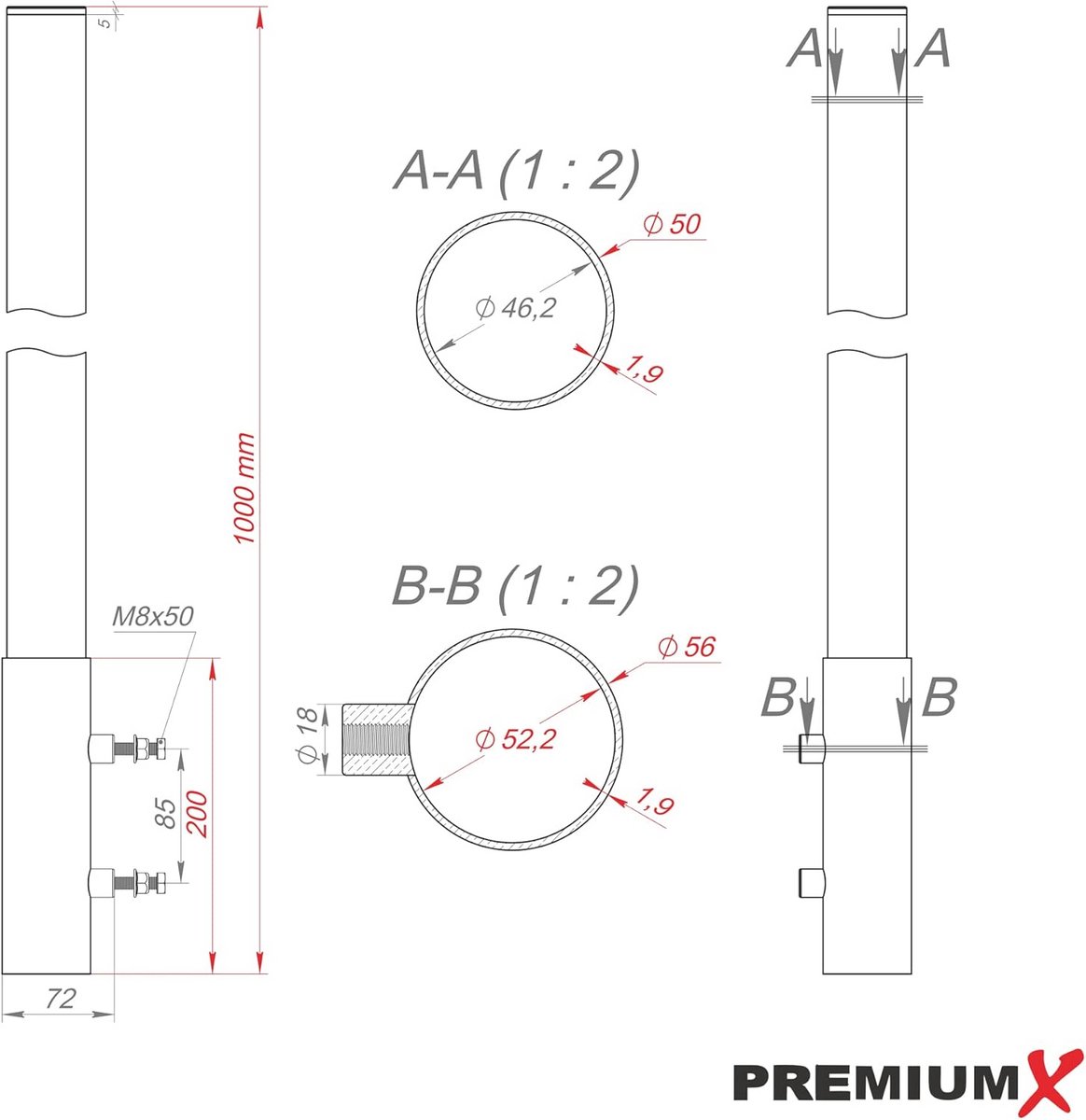 Aluminium mast extensie 100 cm - 50 mm diameter, masthouder met kap