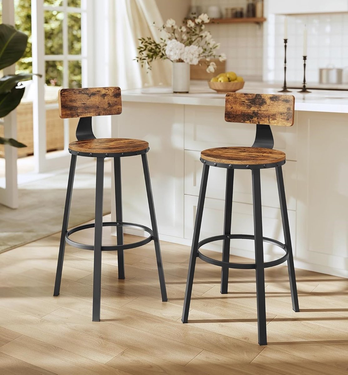 Set van 2 Design Barkrukken met Rugleuning - – Keukenstoelen Metalen Frame, Zithoogte - Medahomestore