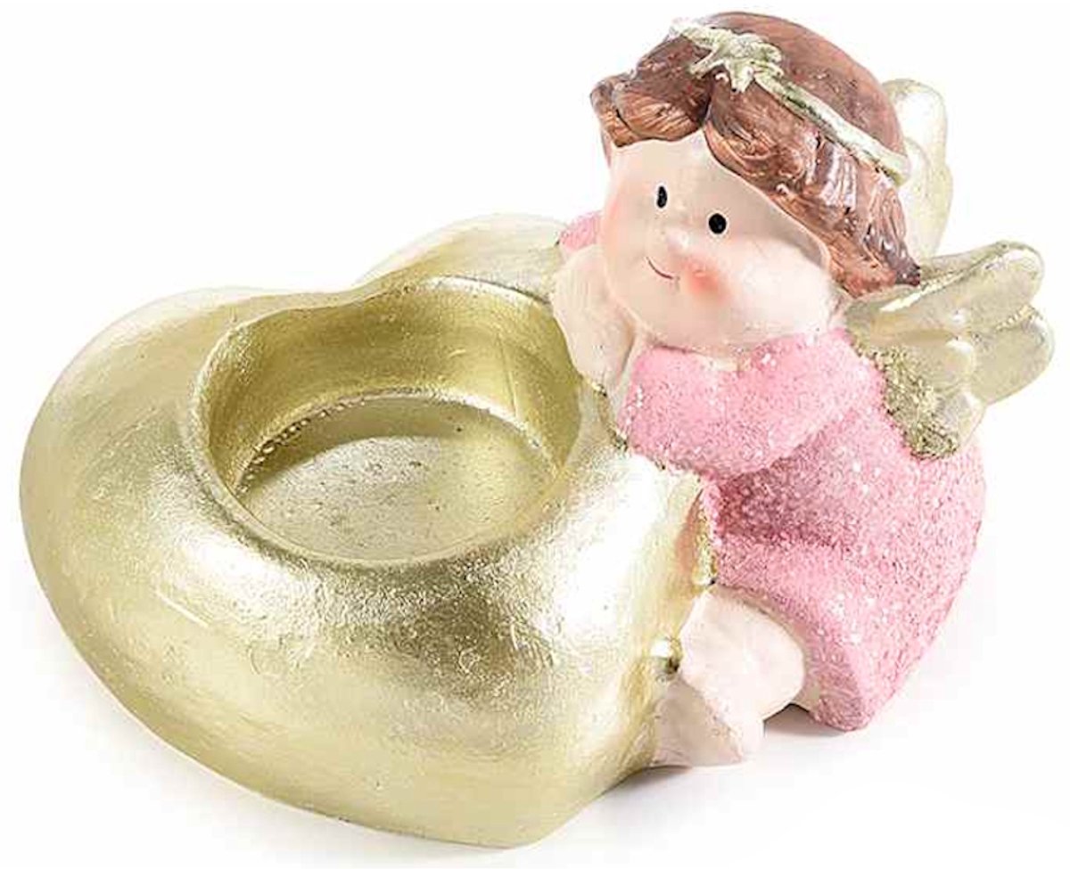 Waxinelichthouder - Gouden Hart met Zittend Engeltje - 13,5 x 8,5 x 8,5 cm - Resin