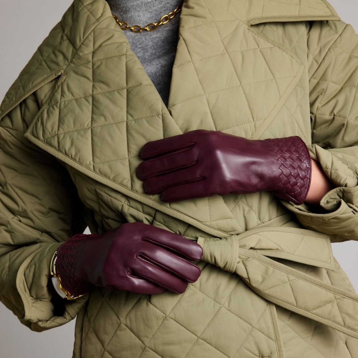 Manfield - Dames - Burgundy leren handschoenen met gevlochten details - Maat S