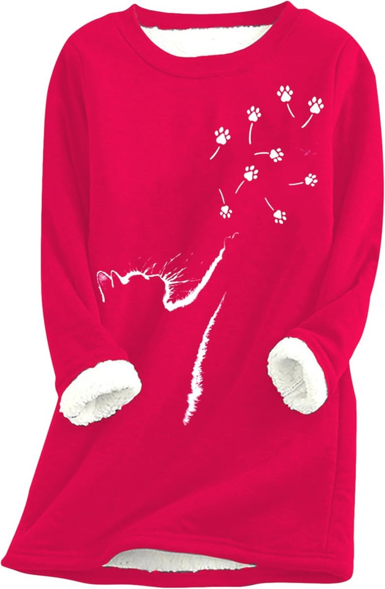 Wintertrui Dames Casual Fleece Ronde Hals Kattenpatroon Oversized