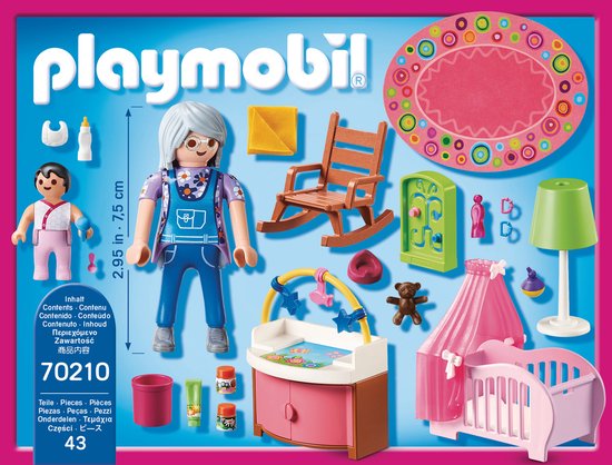 Playmobil poppenhuis babykamer set 70210: oma, baby, commode, wieg, kinderstoel, lamp en accessoires.