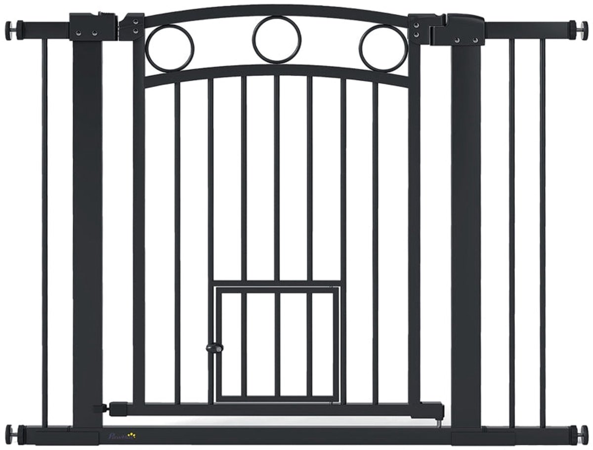 Merax Verstelbaar Hondenhek met Katzendeur - 76 tot 104 cm - Veiligheidshek voor Deur en Trap - 77 cm Hoog - Zwart