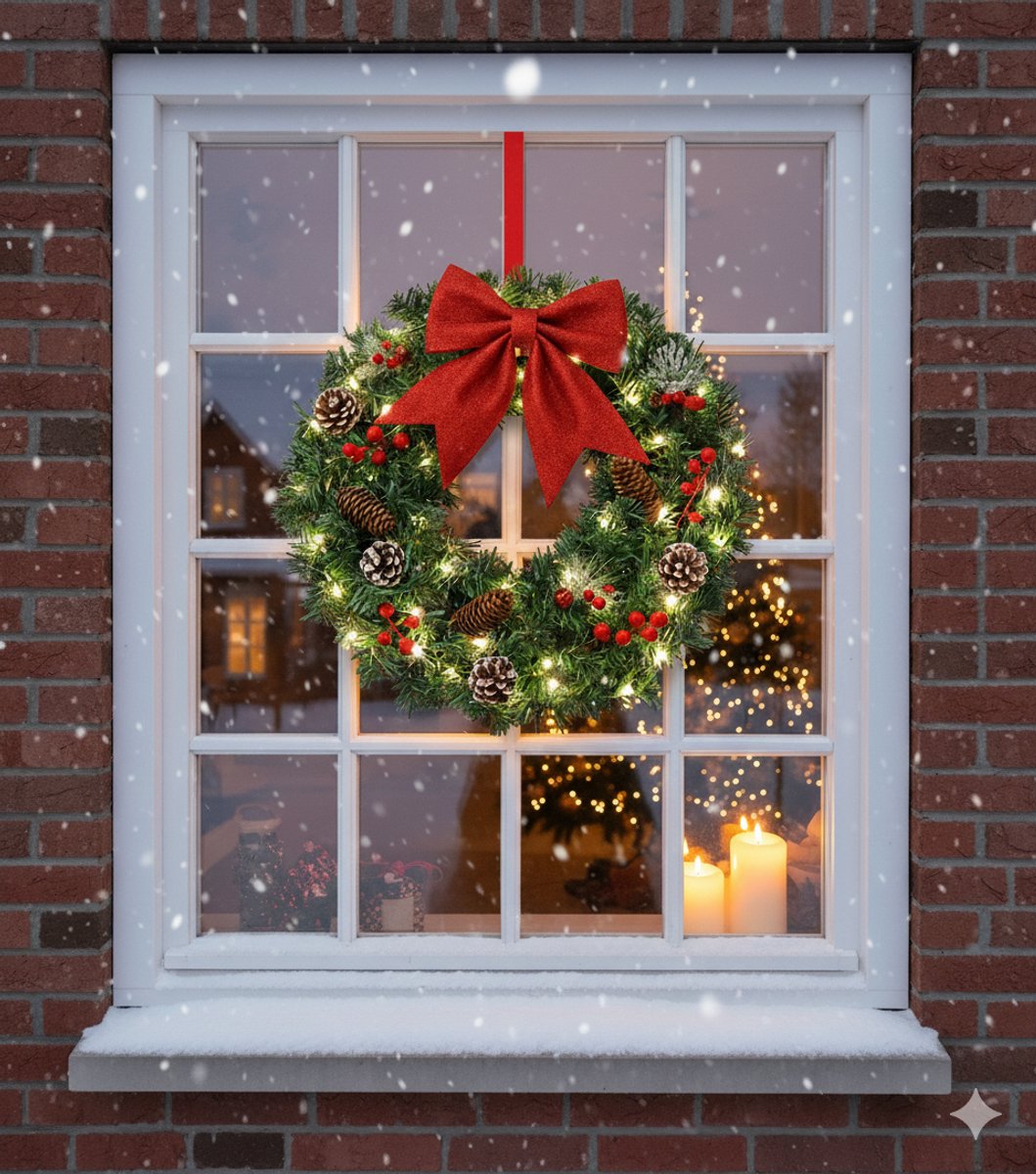 Modeva Store - Luxe Kerstkrans met LED Verlichting - 50cm- Grote Rode Glitter Strik & Dennenappels – foto 3