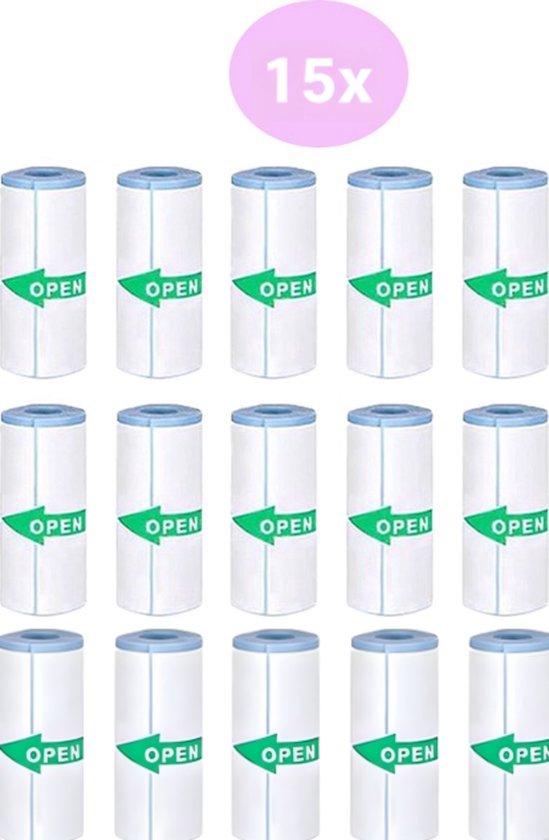 Vijftien witte papieren rolletjes met blauwe rand en groene 'OPEN'-pijlen, in drie rijen.