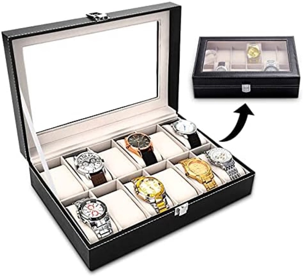 PromoHome Horloge Opbergdoos met Glazen Deksel - 12 Vakken Sieraden Organizer