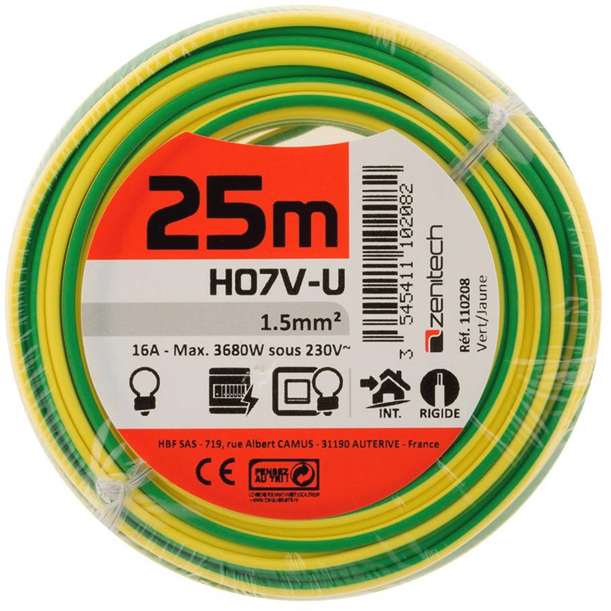 Elektrische Voedingskabel H07V-U 2.5mm² - PVC Geleider voor Binnengebruik - Geel en Groen - 5m